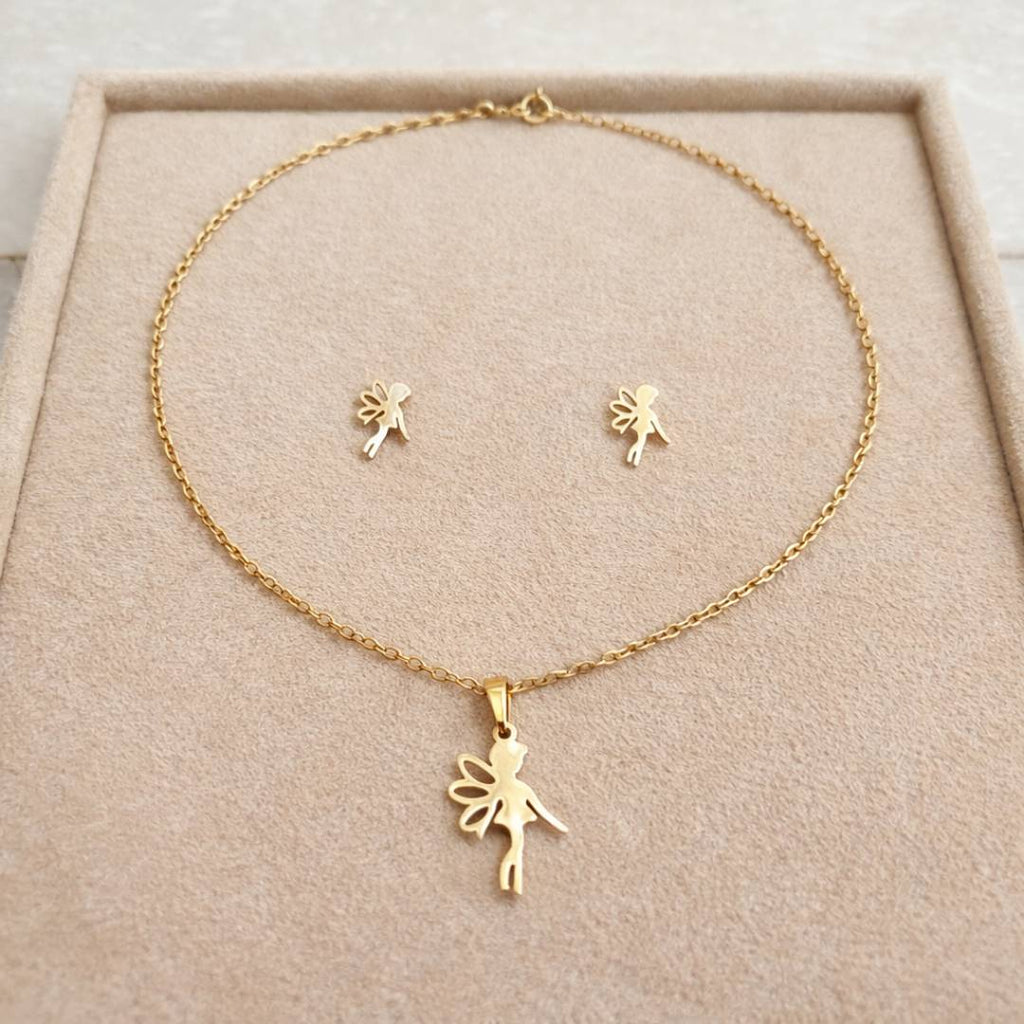 Anti-Tarnish Delicate Fairy Charm Pendant Necklace & Stud Earrings Combo for Women – Set of 2
