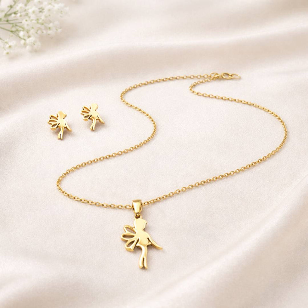 Anti-Tarnish Delicate Fairy Charm Pendant Necklace & Stud Earrings Combo for Women – Set of 2