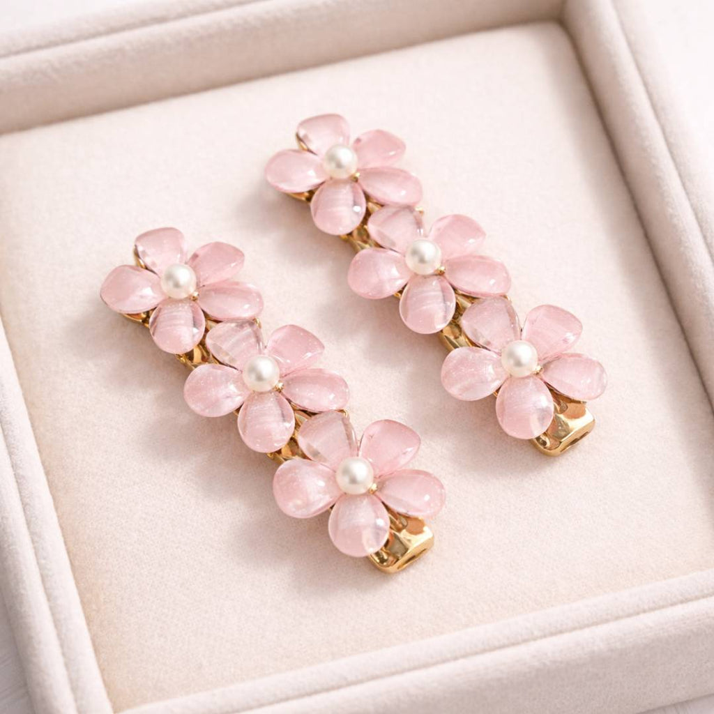 Pink Floral Pearl Hair Clips for Women – Pack of 2