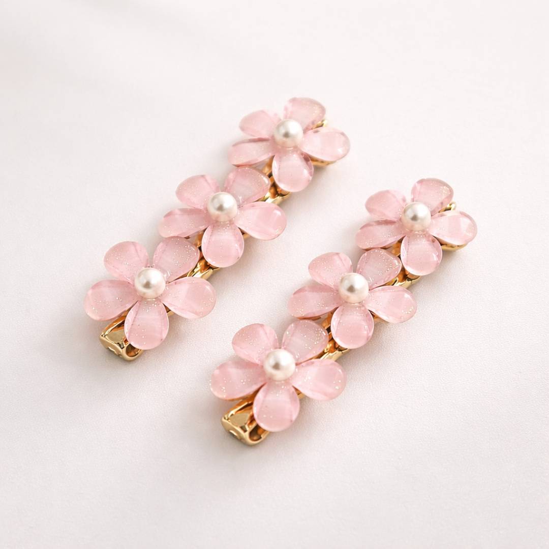 Pink Floral Pearl Hair Clips for Women – Pack of 2