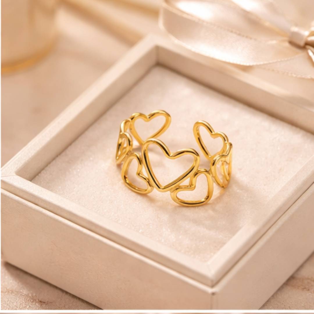 Antique Gold-Tone Linked Hearts Adjustable Ring – Anti-Tarnish | Pack of 1