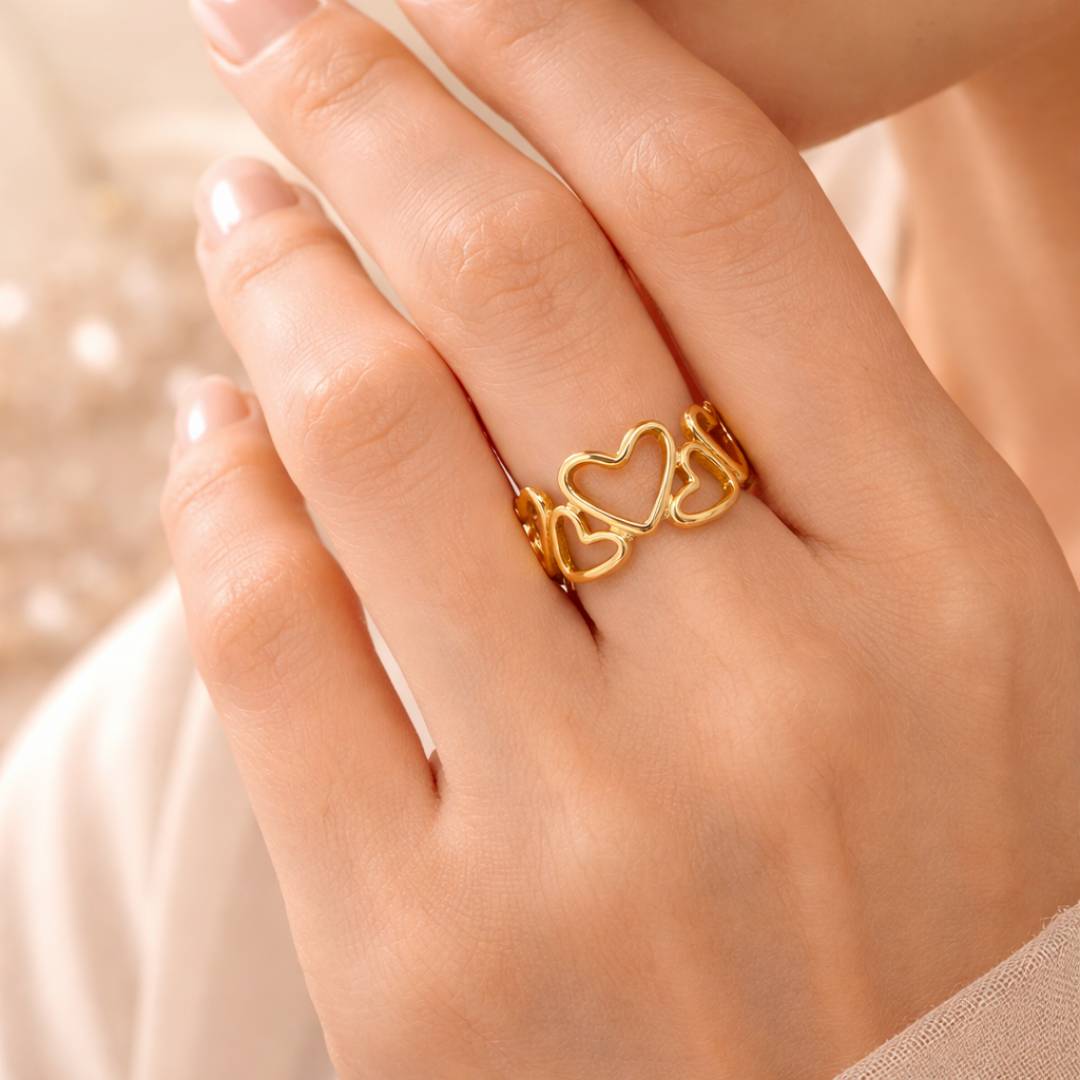 Antique Gold-Tone Linked Hearts Adjustable Ring – Anti-Tarnish | Pack of 1