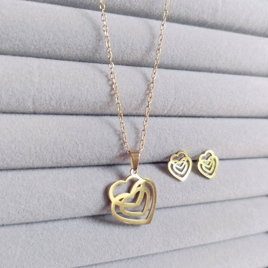 Triple Heart Anti-Tarnish Necklace & Stud Earrings Combo for Women – Set of 2
