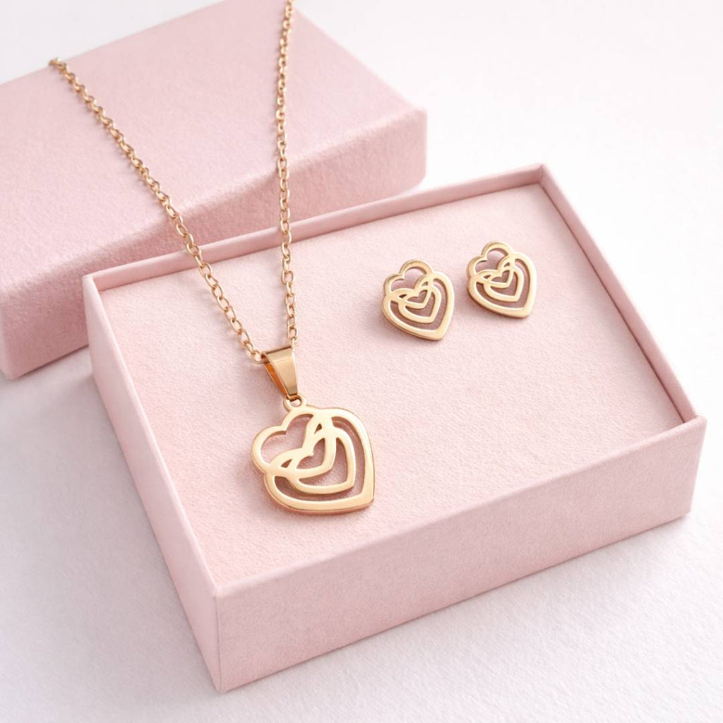 Triple Heart Anti-Tarnish Necklace & Stud Earrings Combo for Women – Set of 2