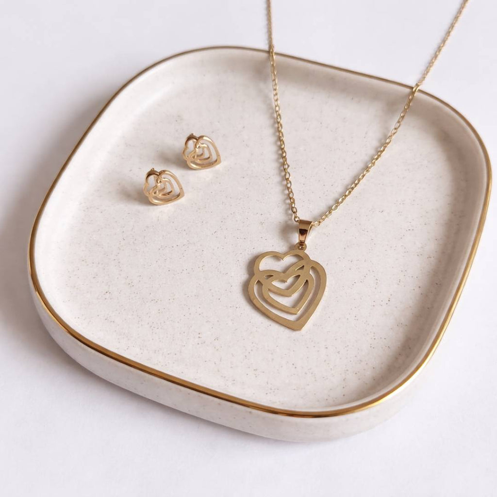 Triple Heart Anti-Tarnish Necklace & Stud Earrings Combo for Women – Set of 2